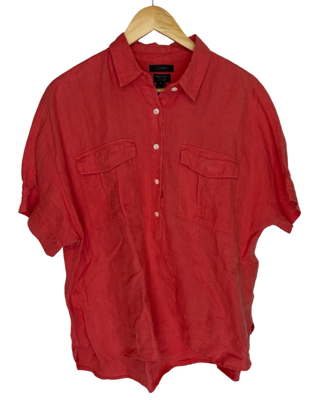 BAIRD MCNUTT IRISH LINEN FOR J. CREW WOMENS 3/4 BUTTON UP SALMON SHORT SLEEVE